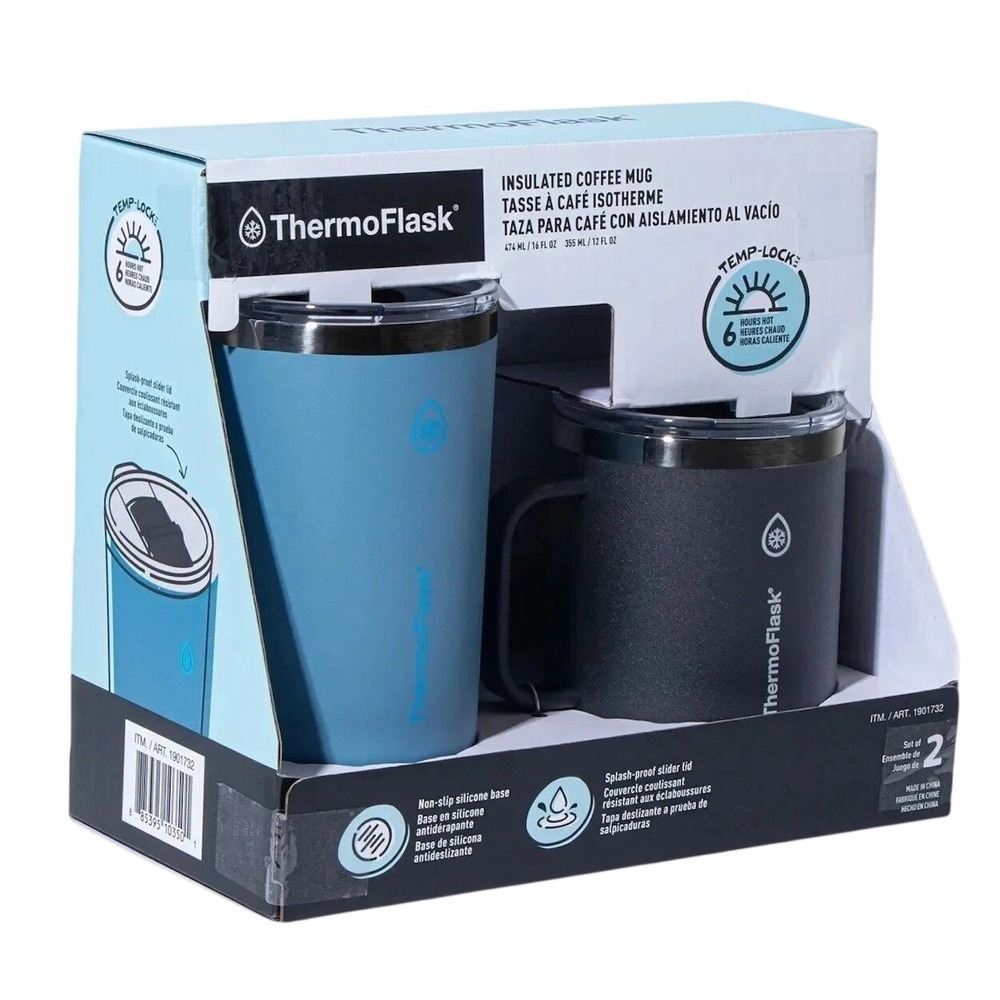 2-Pack ThermoFlask Stainless Steel Insulated Coffee Mug 6 Hours Hot Blue & Black